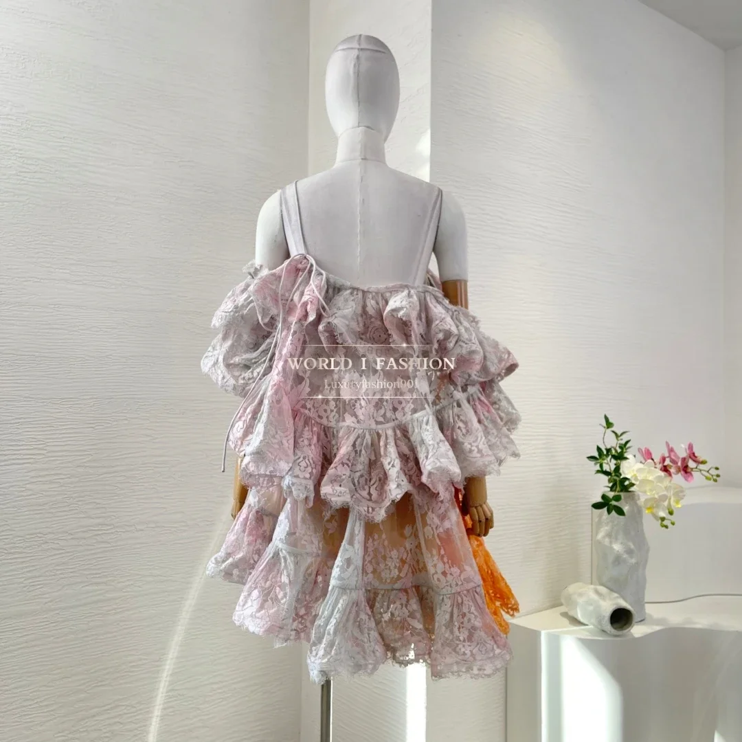 

2025 New Beach Style High Quality Irregular Ruffles Lace Patchwork Women Mini Womens Dress