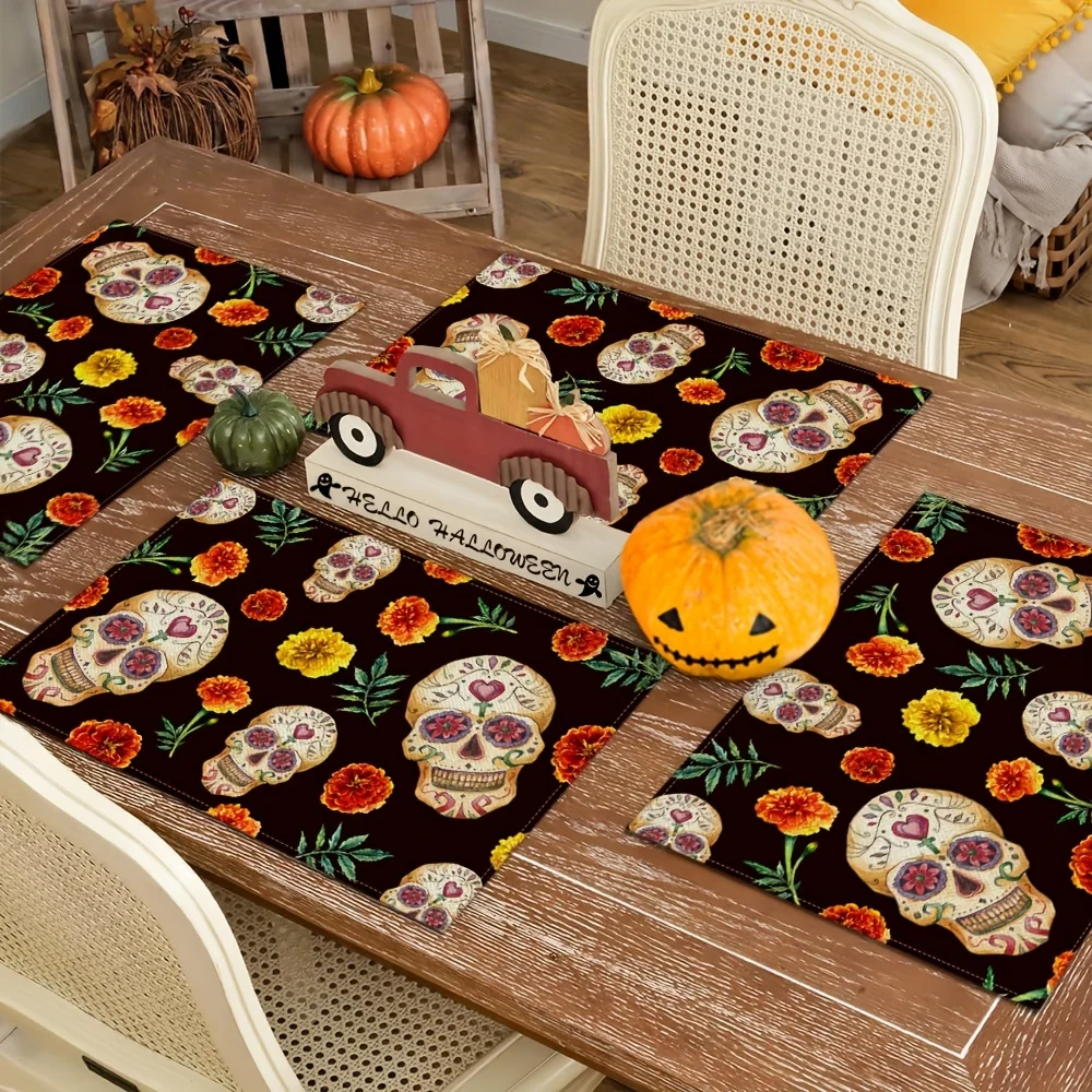 4pcs Mexico Placemats with Marigold Skeleton Theme, 12x18 Inches Seasonal Autumn Table Mat Suitable for Party, Farmhouse