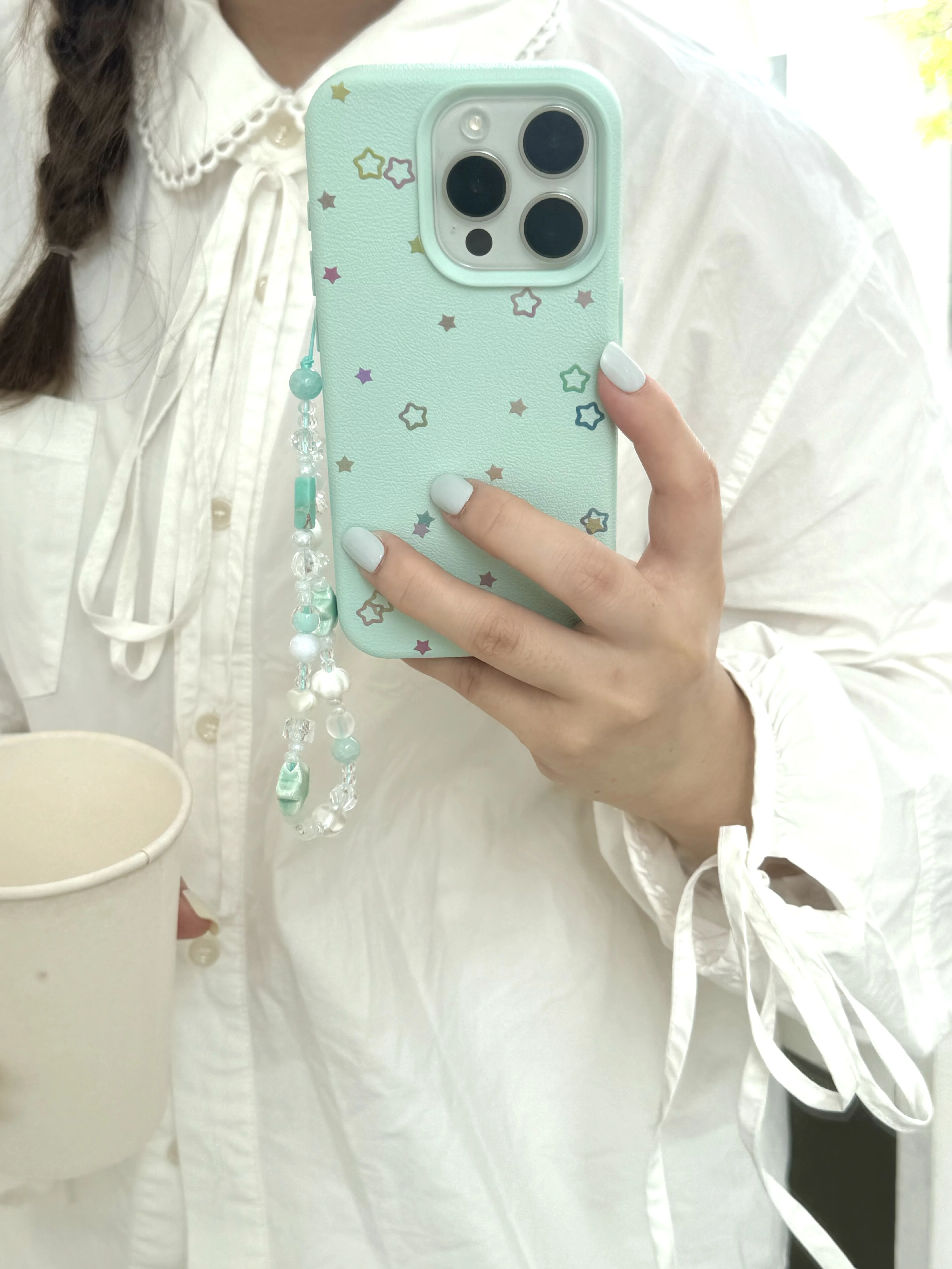 Coque de téléphone en cuir vert menthe pour iPhone, coque arrière, petites étoiles, cordon de poignet Bergame, coréen INS, 16, 15, 14, 13 Pro Max