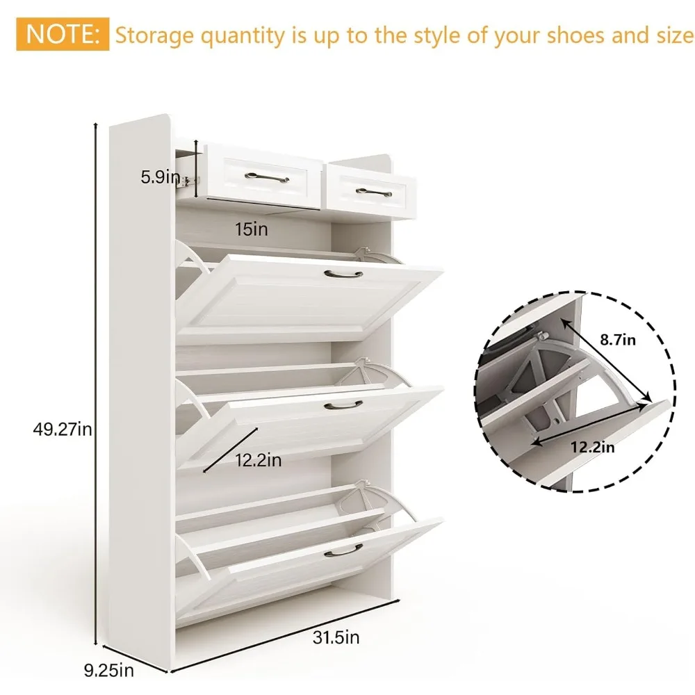 Narrow Shoe Cabinet for Entryway Set of 2, White Shoe Storage Cabinet with 3 Flip Drawers & 2 Slide Drawers, Wood Freestanding S