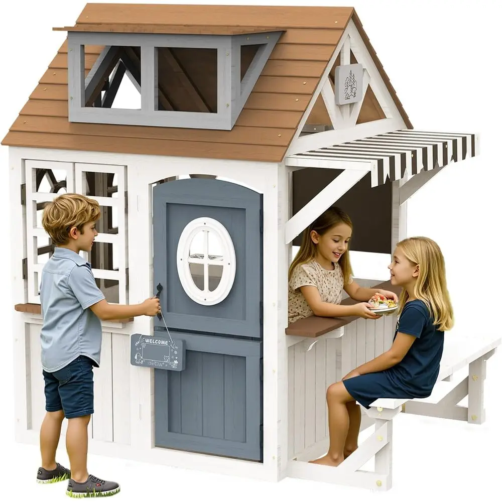 

Durable Fir Wood Playhouse for Kids with Kitchen, Chalkboard, Waterproof Roof, Suitable for Ages 3-8