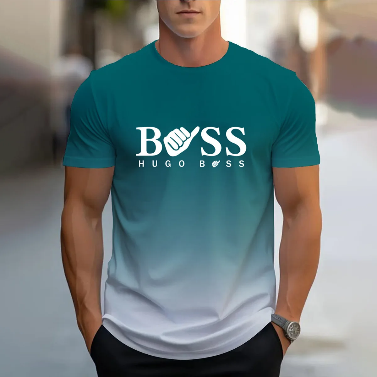 

men's summer clothing casual gradient color short sleeved digital letter printed casual versatile round neck T-shirt top for men
