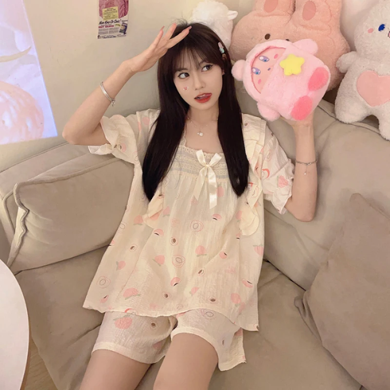 Korean Y2k Sweet Ins Cartoon Kawaii Women\'s Pajamas Square Neck Bow Lace Short Sleeve+shorts Sets 2024 New Summer Cute Nightgown