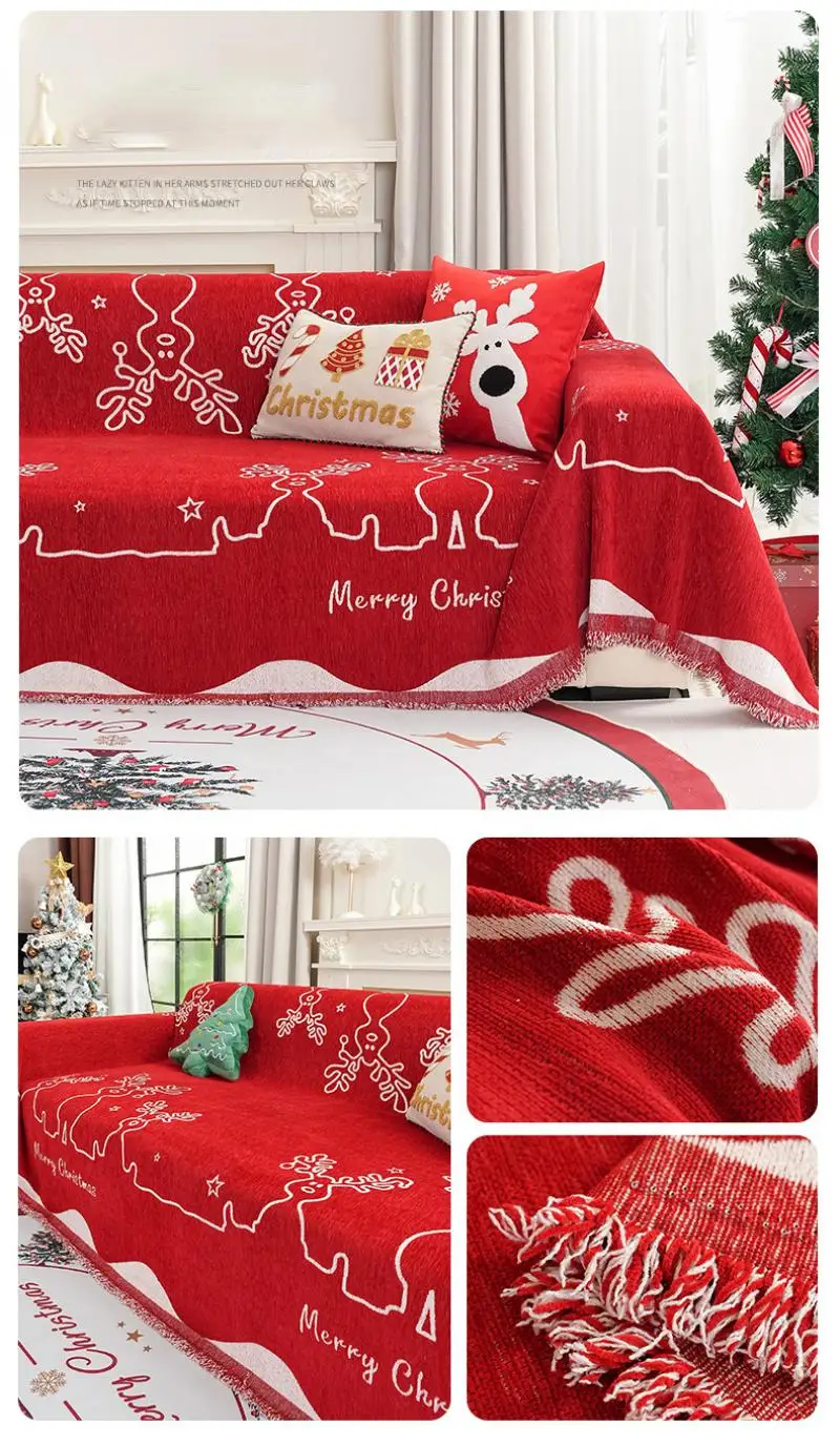 Weihnachts-Sofabezug-Decke, Festliche Wohnzimmer-Dekoration, Rote Beidseitige Wiederverwendbare Sofabezüge aus Stoff – Detail 9