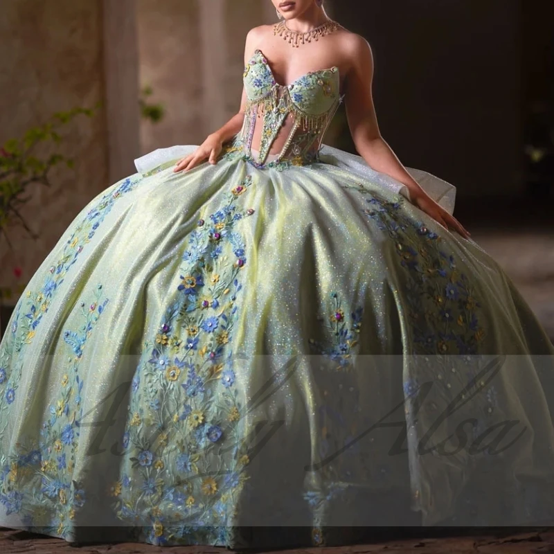 Vestido verde personalizado para mujer, traje De fiesta con hombros descubiertos, encaje De ilusión, para quinceañera, 15 Años, 16 Años