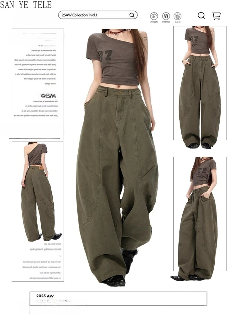 

Retro Military Green Curved Knife Jeans Women's Simple Casual Loose Wide Leg Workwear Long Pants High Waist Straight Trousers