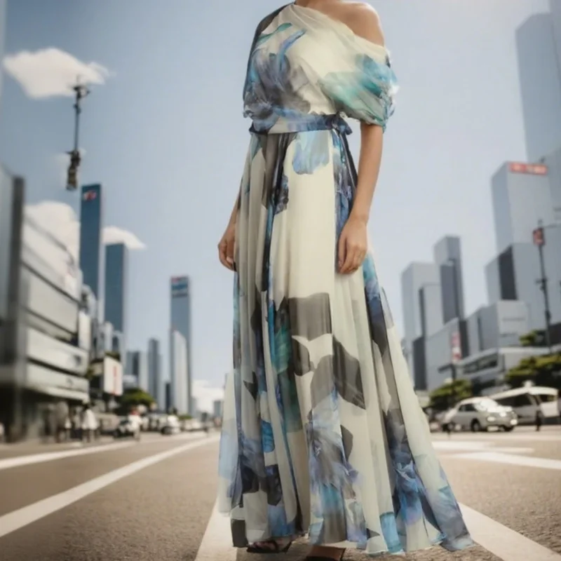 One Shoudle Lace Up Short Sleeve Printed Slim Fit Maxi Prom Dress for Women Elegant Vacation Beach Evening Dress