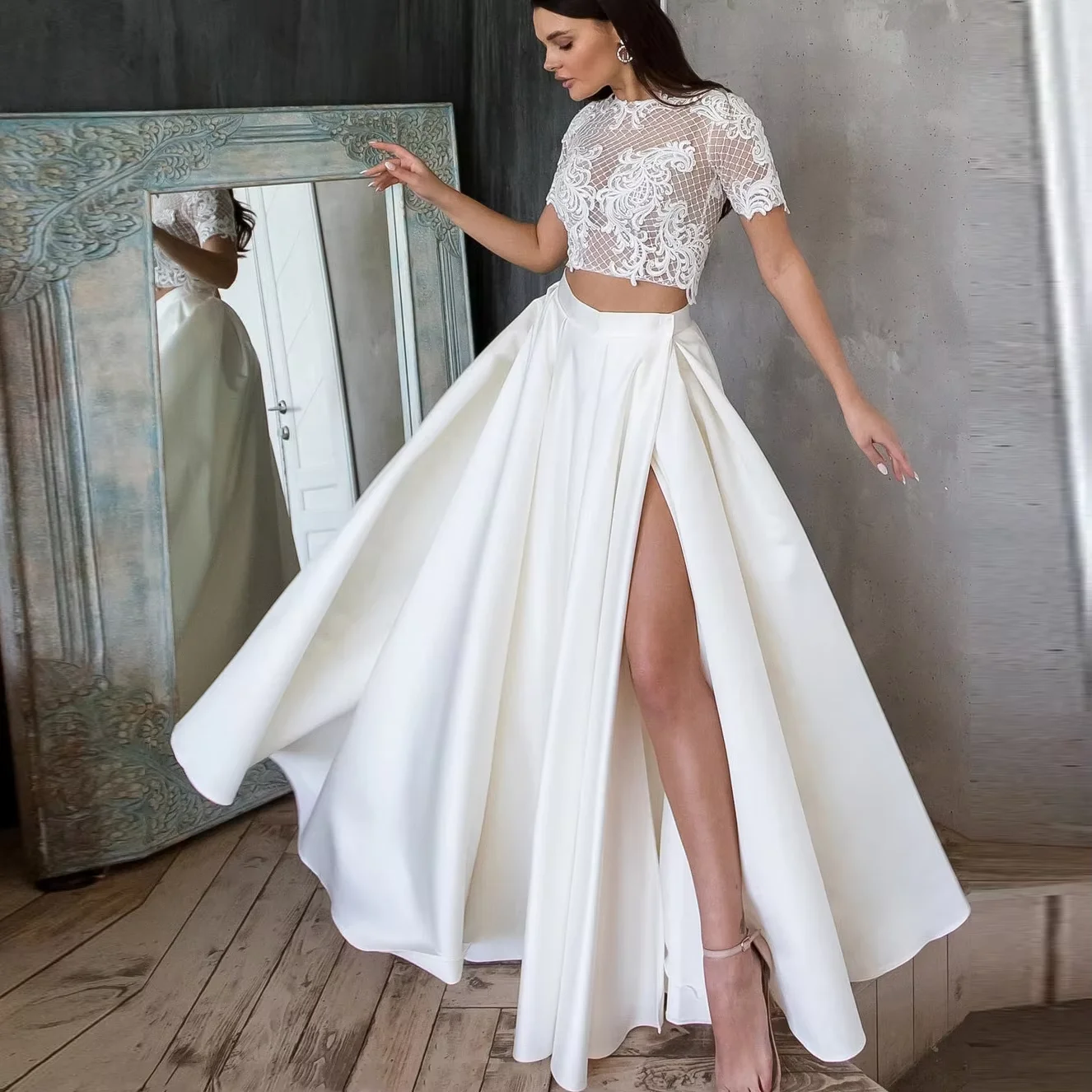 Ivory High Split A Line Pleated Satin Skirt Detachable Train Wedding Skirt Formal Evening Gown Custom Made Prom Party Skirts