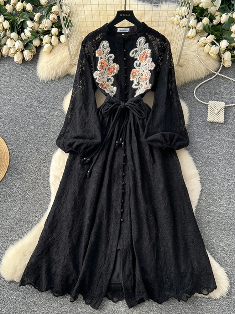 Abito francese in rete con paillettes con perline per unghie retrò per donna Primavera Autunno Elegante festa di compleanno Abito a maniche lunghe attillato in vita S255