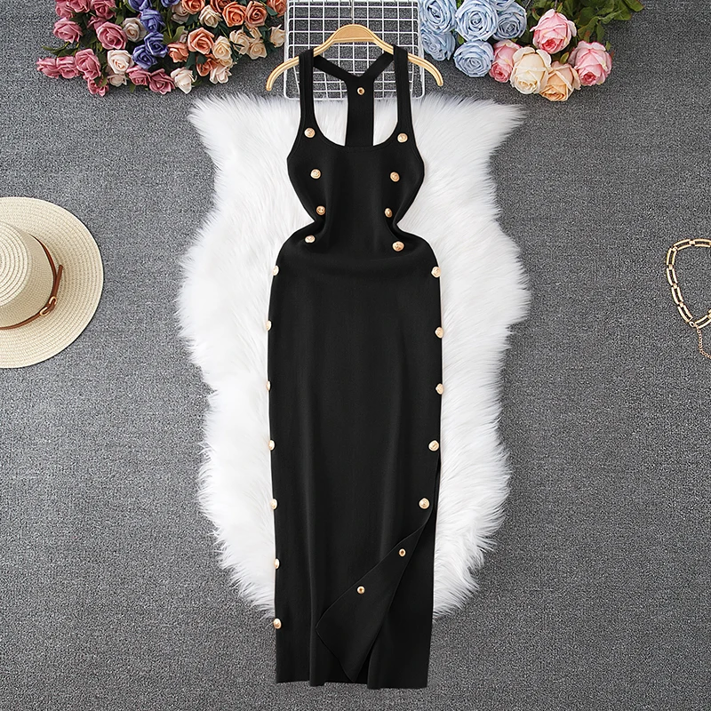 YuooMuoo Women Dress 2024 Summer Sexy Halter Sleeveless Buttoned Maxi Bodycon Dress Elegant Evening Black Party Dress Vestidos