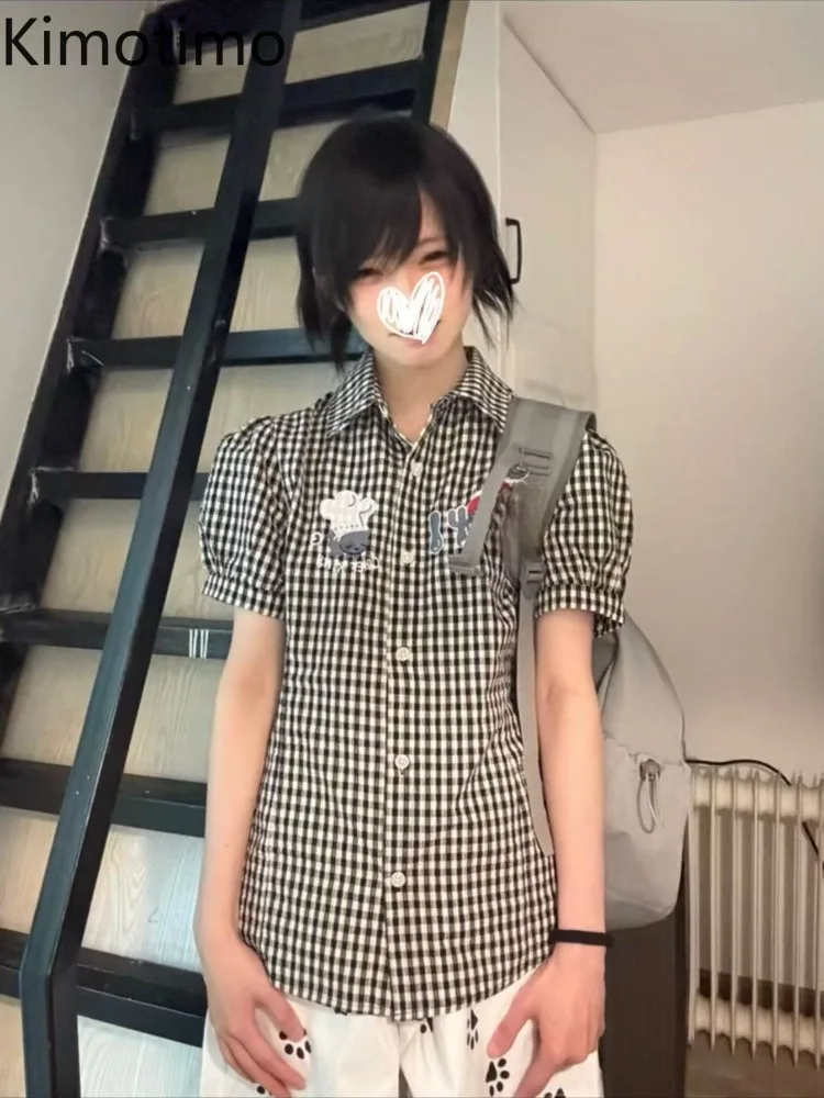 

Kimotimo Japanese Cute Cat Embroidery Plaid Shirt Women Summer New Slim Fit Waist Short Sleeve Tops Vintage Versatile Blouse Ins