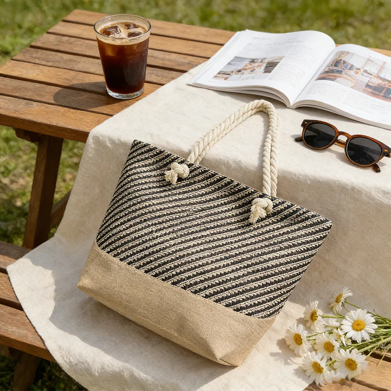 Bohemian Geometrischer Stil Reisetasche, Damen-Strandtasche, Leichtgewichtig und mit großem Fassungsvermögen (Zufällige Streifendirektion) – Detail 5
