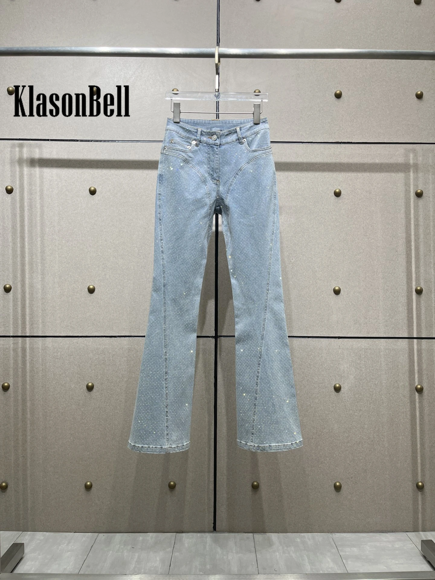 5.19 KlasonBell-Women\'s Mid Waist Flare Denim Trousers, Personality Fashion, Bling Crystal Diamonds, All-Match Slim Flare Jeans