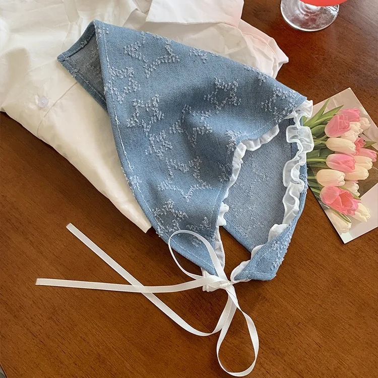 Street Style Women Triangle Headscarf Denim Blue With Star Print Lace Edge Tie Bandana Cute Teen Face Flattering Hair Decor