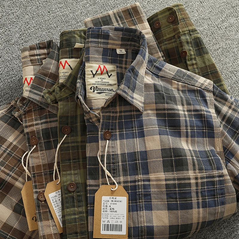 2024 Primavera e Autunno New American Retro Tessuto Plaid Cargo Camicia da uomo Semplice 100% Cotone Lavato Tasca Singola Giacca Sottile