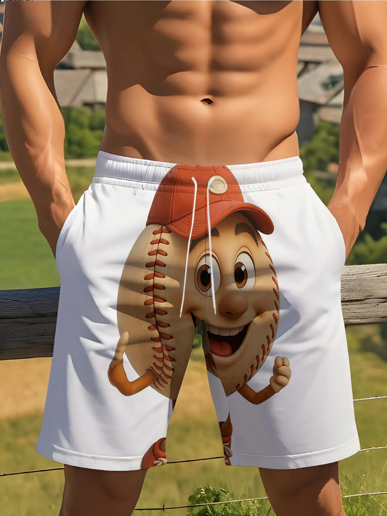 

2026 Mens Cute Baseball Mascot Print Quick Dry Drawstring Waist Beach Shorts Swim Trunks