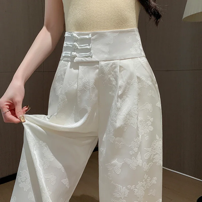 

2025 New Chinese Style Button Ice Silk Satin Wide Leg Pants Women Spring Summer High Waist Casual Loose Trousers Female