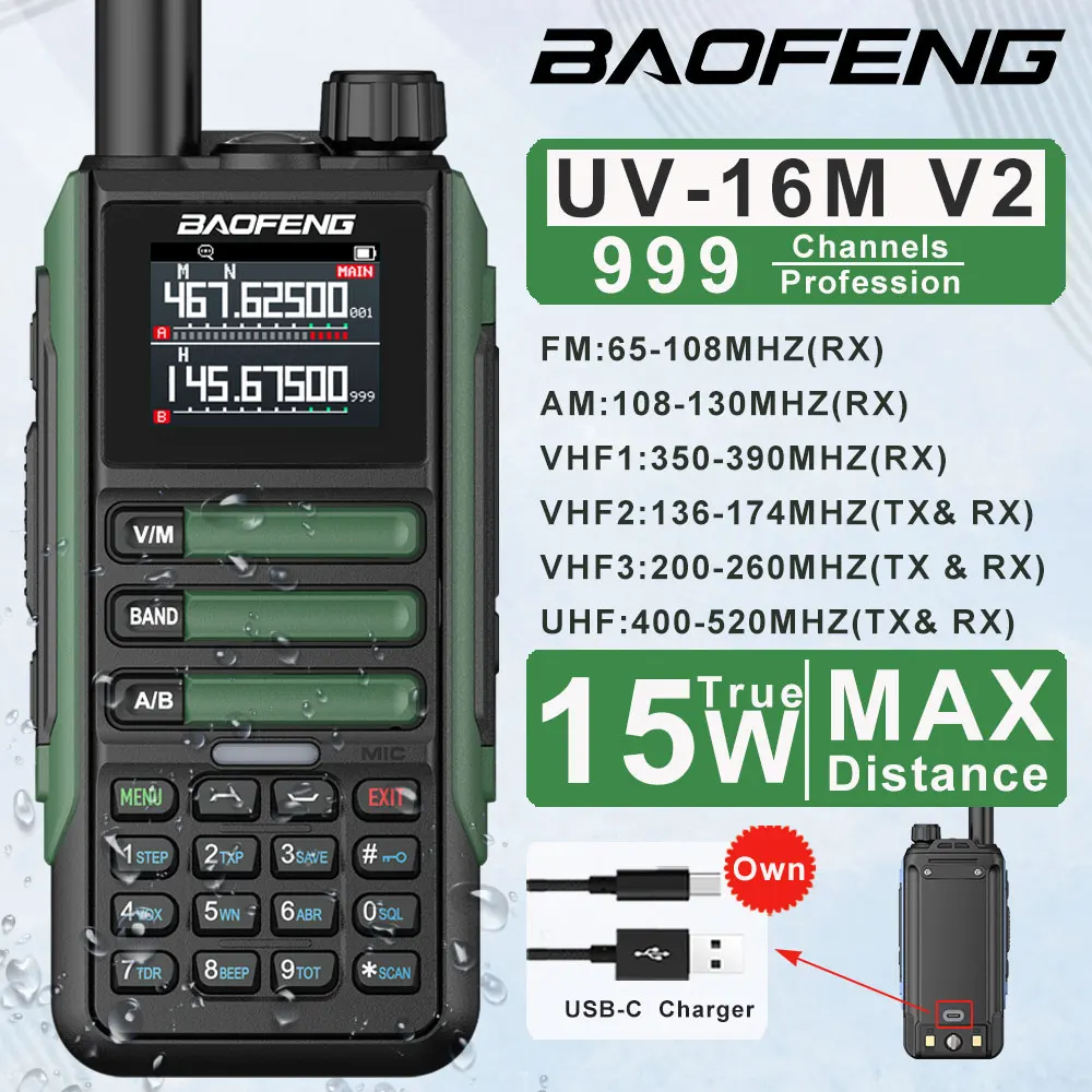 Baofeng UV-16M V2 Walkie Talkie 15W Large power Capacity AM FM 2-Way Radio Full Band LCD 999CH Frequency Copy Tpye-C Charging