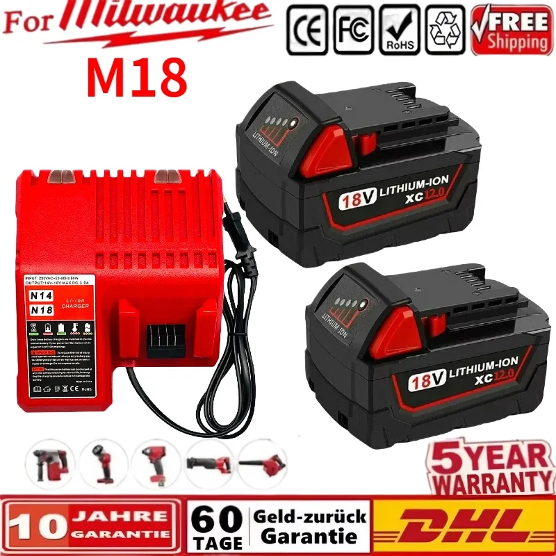 

100%Original forMilwaukee M18 Power Tool Battery, Charger⚡BR, XC, 18V, 12000mAh M18B5, 48-11-1860, Built-in 21700 Battery