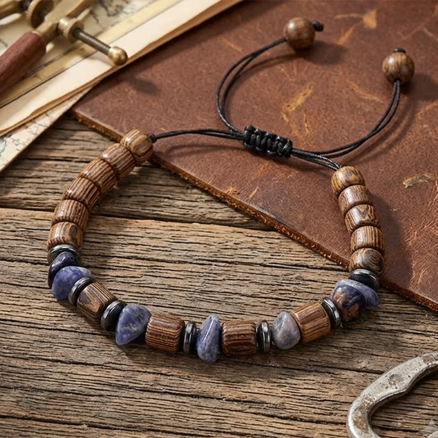 Vintage Wooden Adjustable Knot Bracelet Unisex Handmade Braided Irregular Stone Healing Braslet Yoga Outdoor Casual Couple Joias
