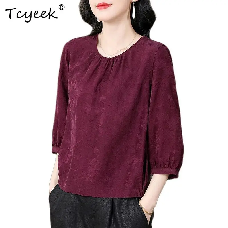 

Tcyeek, 100%Real Silk Watered Gauze Elegant T-Shirt, Women 3/4 Sleeve Jacquard, Commute Retro Top, 2024 Summer Autumn T46050QC
