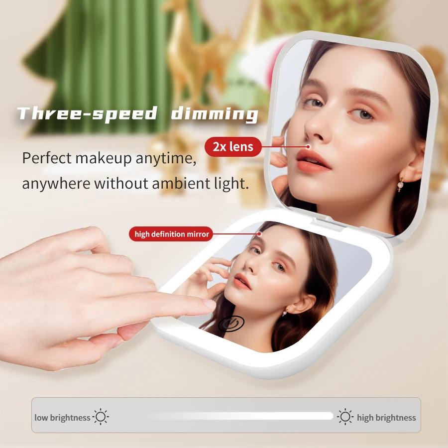 Pocket LED Compact Travel Makeup Mirror with Light Portable Folding Handheld Cosmetic 2X Magnification Small for Christmas Gift
