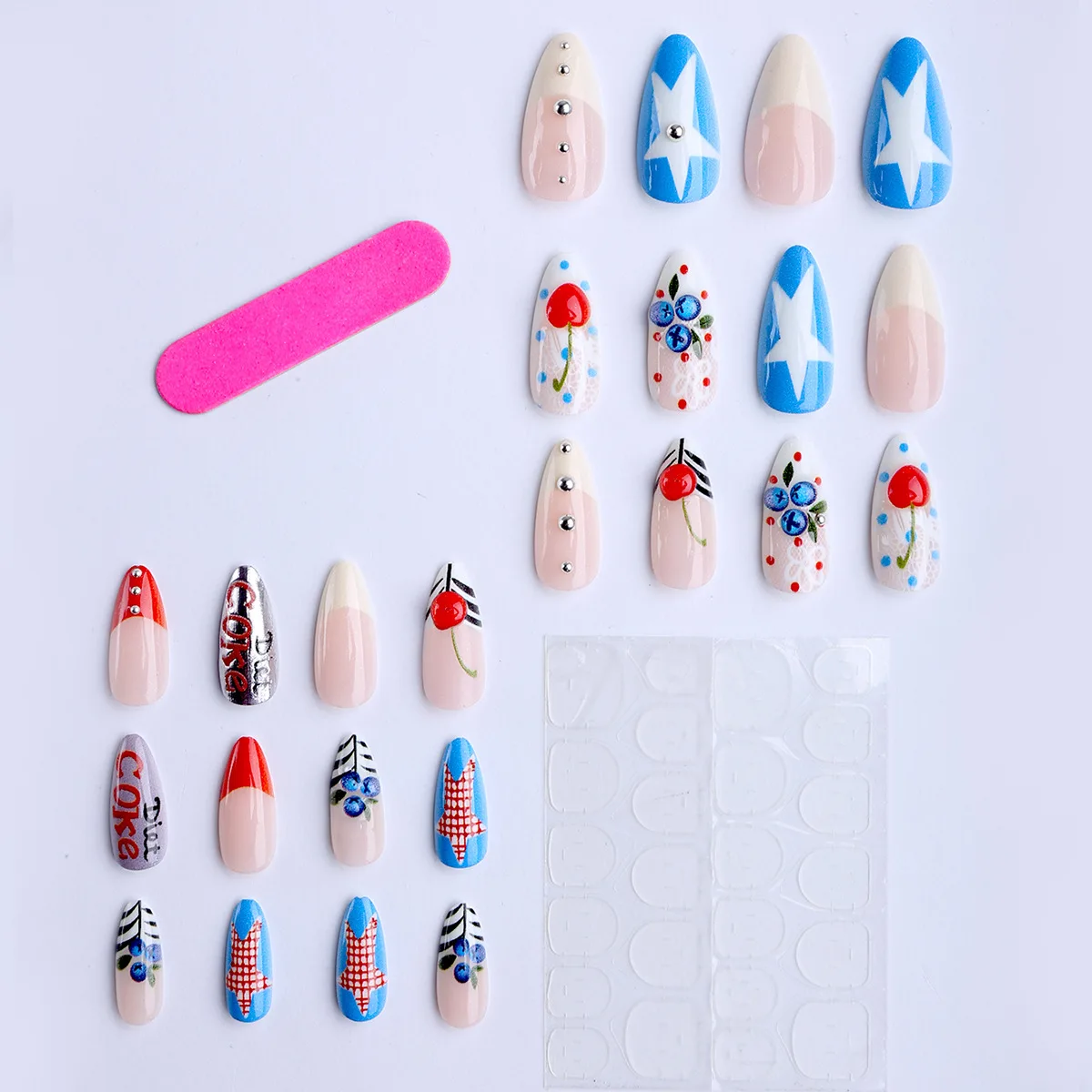 24pcs Cherry Blueberry Zebra Plaid Letter Press on Nails Sweet Summer Fruit False Nail Short Almond Fake Nail for Women&Girl