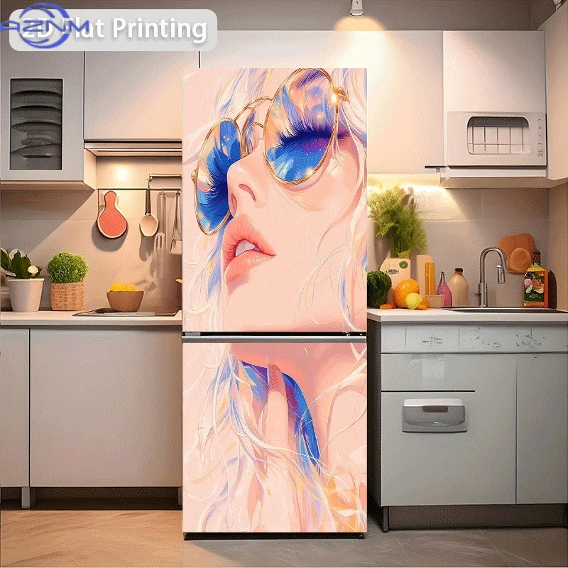 Printing Refrigerator Sticker 60x180cm, Side Profile of a Woman Wearing Golden Round Fashion Glasses, Themed Scene Wall Decal,