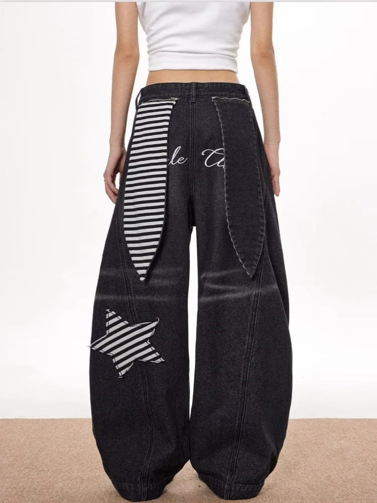 2025 American Retro Y2K Fashion Star Ricamo Vintage Pantaloni jeans larghi neri per abbigliamento donna Pantaloni da donna di lusso a gamba larga