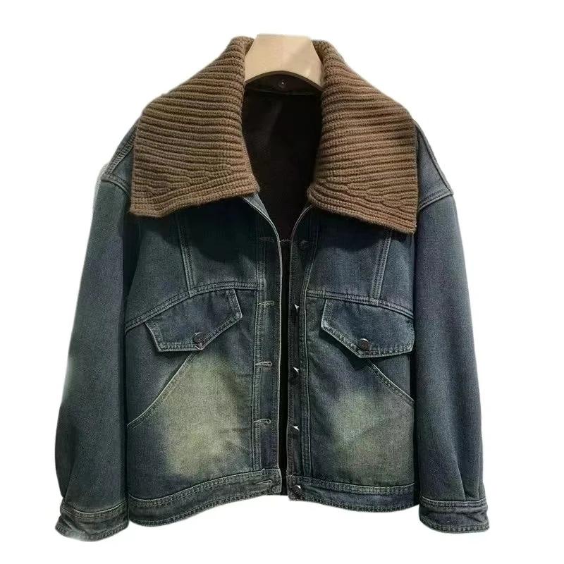 Fleece Denim Jacket Women's Short Top Women's Autumn Winter New Retro Knitted Small Thickened Jacket Exquisite Minimalist Casual