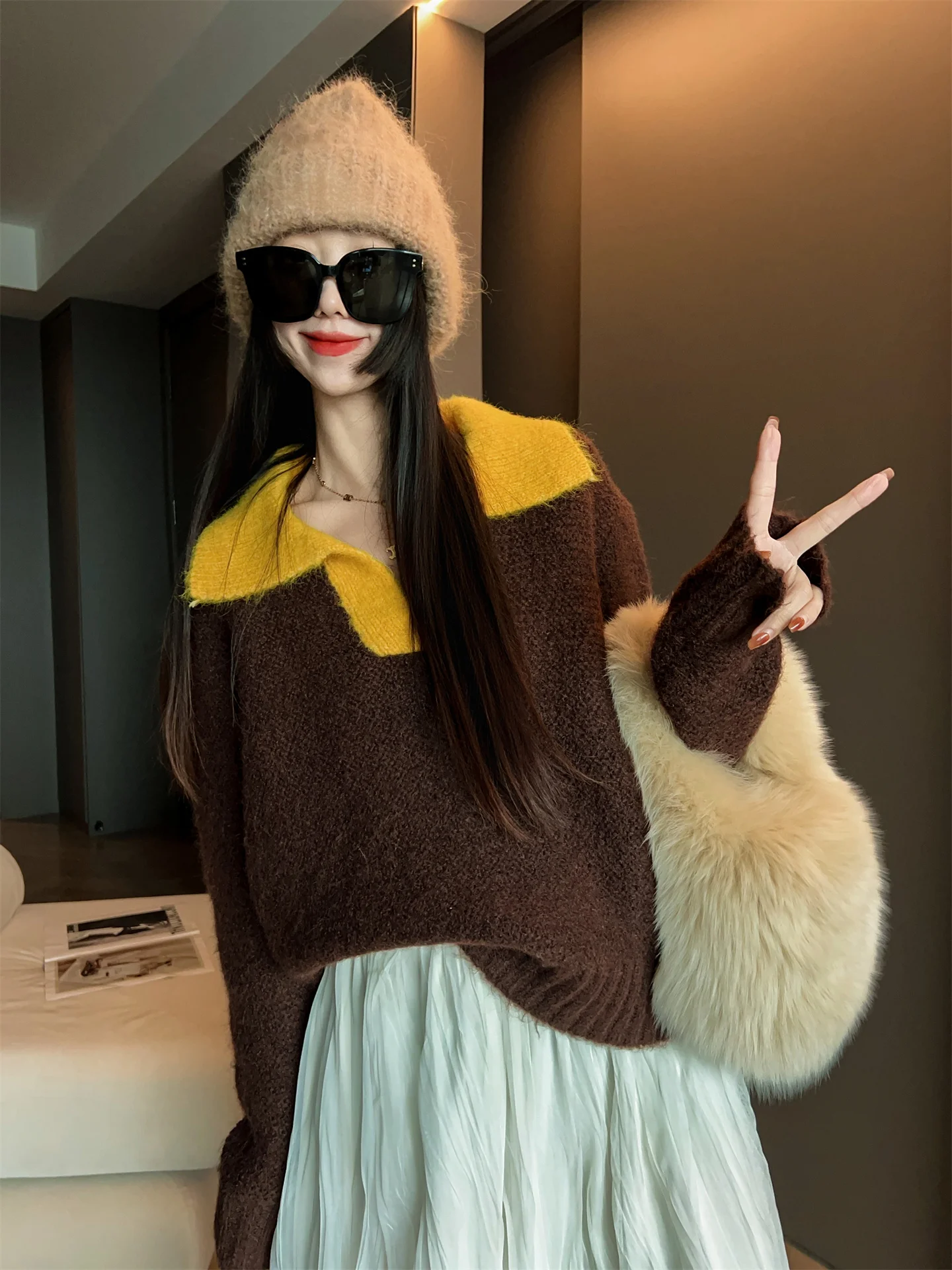 MRS AO Women's Casual V-Ne Overhead Sweater Autumn Winter New Loose Versatile Base irt Top Color Blo Commute Sle