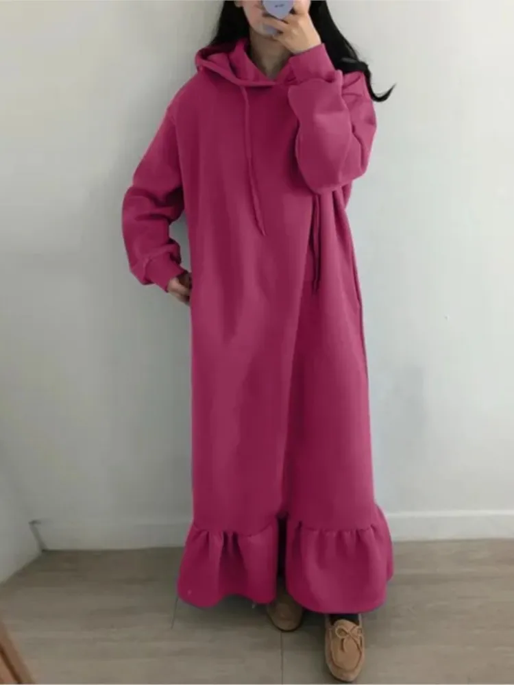 

Women's Solid Color Casual Loose Dress Autumn Fashion Hooded Hood Lace-up Long Dress With Pocket Winter Ladies Warm Vestidos