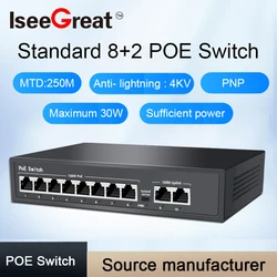 Interruptor POE de 8 puertos con 2Uplink y SFP activo para cámaras IP/AP inalámbrico/CCTV Cccam IEEE 802,3 AF/AT, adaptador de corriente incorporado