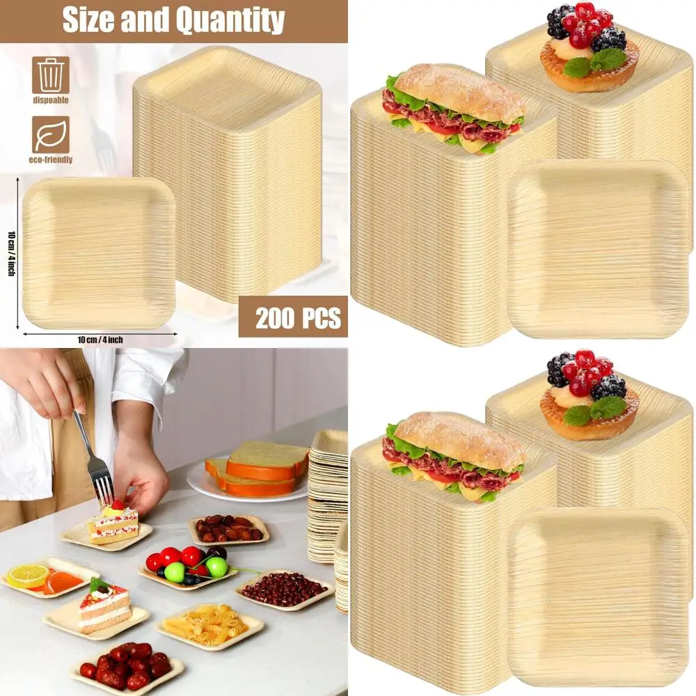 

4-Inch Palm Leaf Bamboo Plates - 200 Pack Disposable Square Dessert Plates for Christmas, Parties, and Weddings