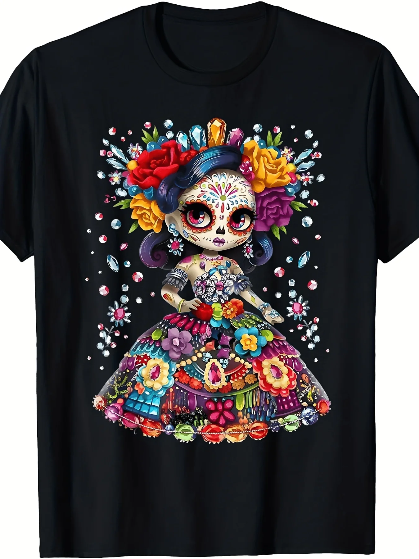 Day of The Dead Sugar Skull Floral Print T-Shirt for Men, Short Sleeve Round Neck Smooth Texture Fabric, Machine Washable Outdoor Travel Hiking Summer Adventure