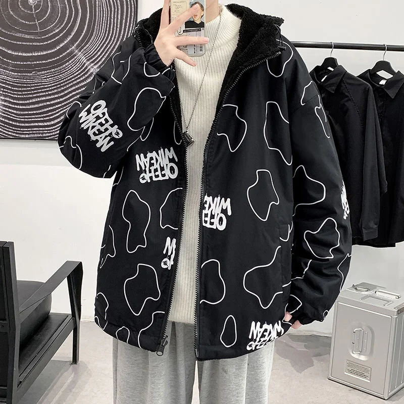 

Thicken Warm Bear Graphic Men Winter Parkas Harajuku Fake Two Piece Hooded Coats Korean Style Male Padded Casual Jackets TOPS