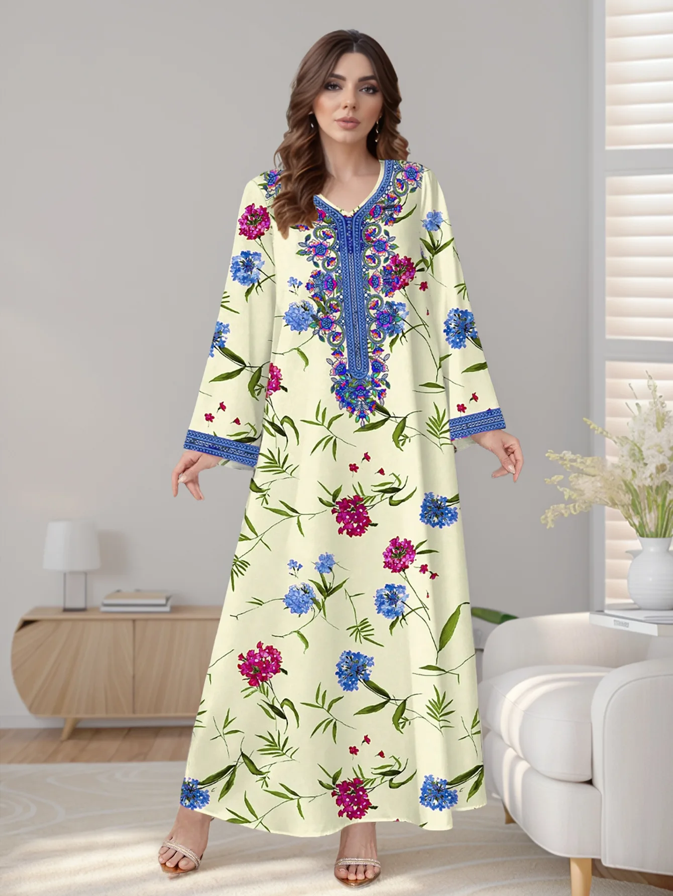 

Ид женское платье с принтом мусульманская Абая с цветком Vestidos Largo Kaftan арабский длинный халат с рукавами Джалабия Рамадан элегантные длинные платья 2025