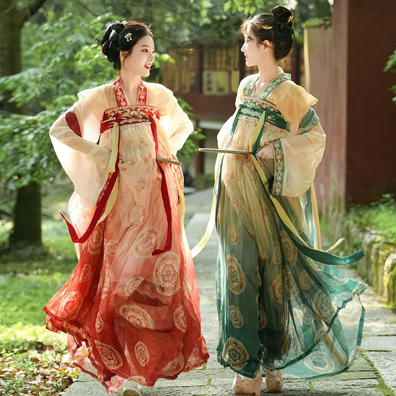 

Chinese Style Hanfu Set Ancient Tang Dynasty Costume Women Elegant Mesh Dresses Improved Embroider Qipao Court Princess Cosplay