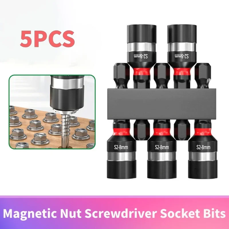 

5pcs Magnetic Nut Screwdriver Socket Bits For Power Drills Hex Shank Driver Adapter Socket Wrench Tool Parts Accessories