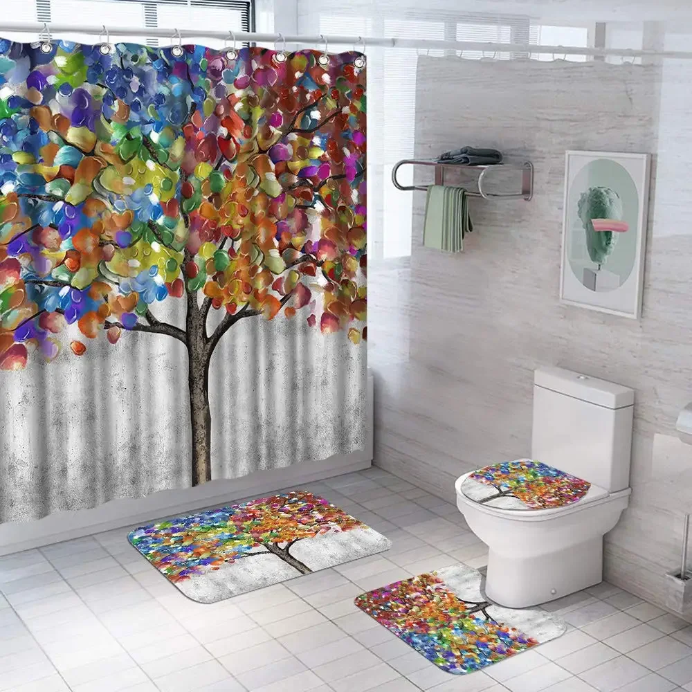 

Красочное Радужное Дерево, набор занавесок для душа, нескользящий коврик, крышка унитаза, коврик для ванной, акварель, ветки цветущего дерева, занавеска для душа