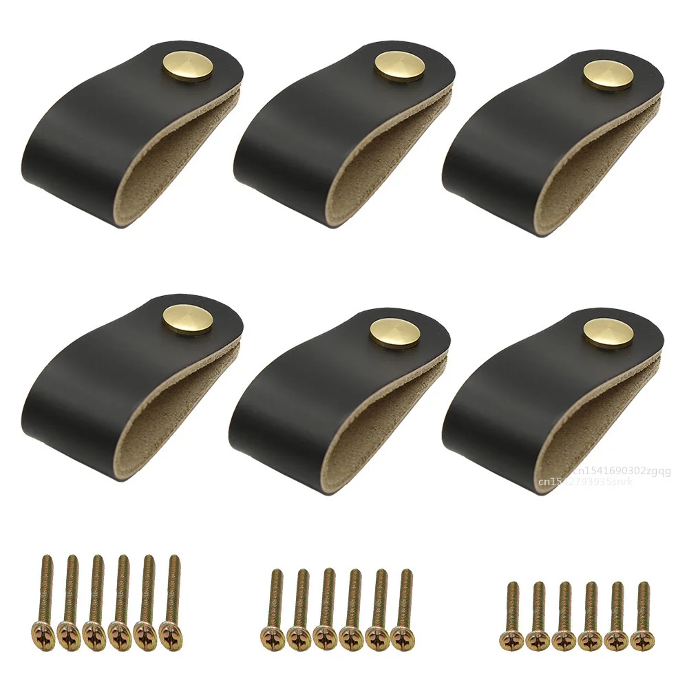 

6pcs kitchen Drawer cabinet door leather handle brass Modern shoe cabinet wardrobe handles pure copper buckle leather Pulls