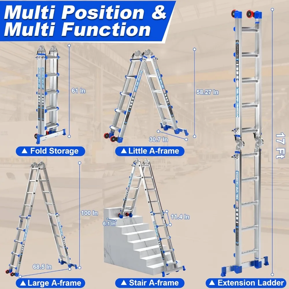 سلم تمديد قابل للطي بطول 17 قدم مع عجلات وقضيب تثبيت - سلم بوزن 330 رطل متعدد المواضع على شكل حرف A للأمان #2