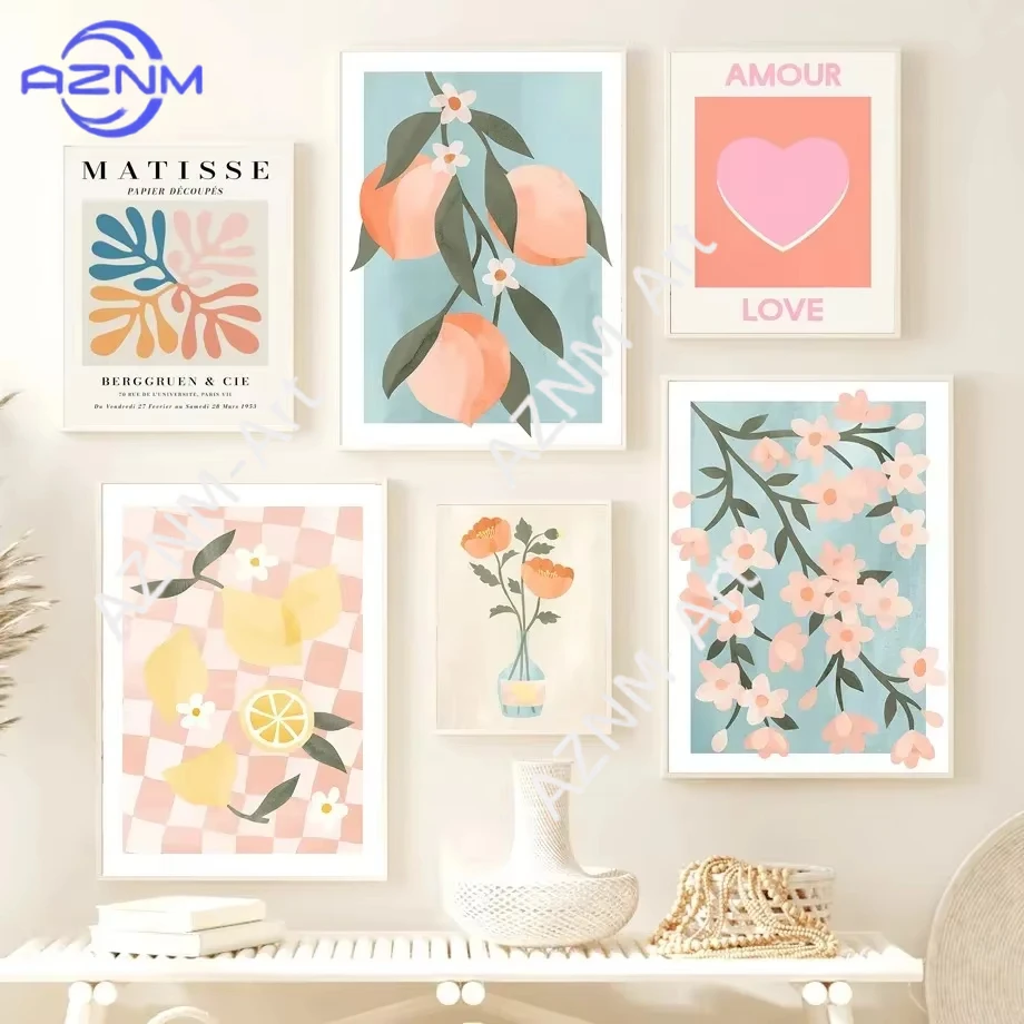 1PC/6PCS Matisse Flower Cocktail Lemon Peach Retro Wall Art Nordic Posters Pictures for Living Room Decor Aesthetic Room Decor