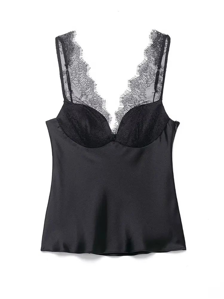HH Women Elegant Fashion Patchwork Lace V Neck Tops Vintage Black Off Shoulder Camisole Top Trend Lady Streetwear Chic Tops