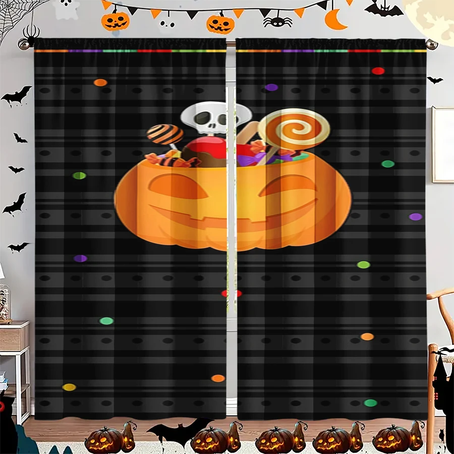2PCS Digital Print Curtain, Pumpkin Candy Bucket Skull Lollipop Black, Halloween Sweet Treat for Bedroom Kitchen Decor