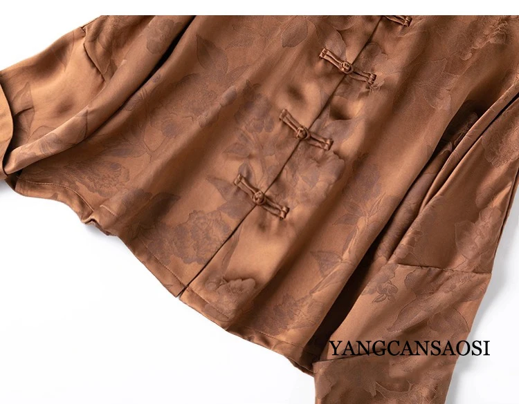 Women's Autumn Fashion New 45MM 100% Natural Mulberry Silk Fragrance Cloud Yarn Stand Collar Long Sleeve New Chinese Style Shirt