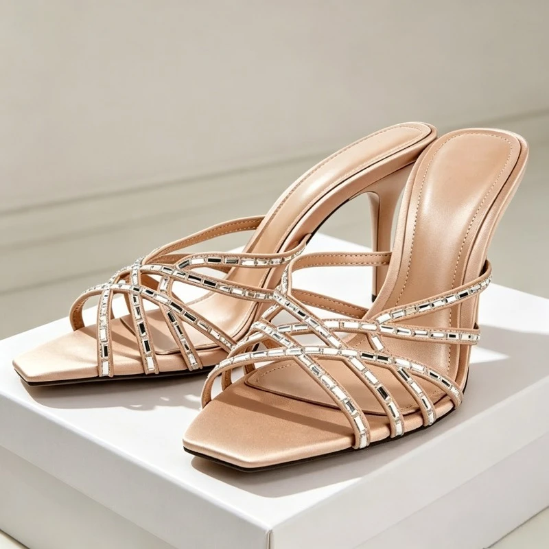 

CRYSTAL Summer Designer Sandals Women Cross Strap Detail Square Toe Stiletto Heels Slippers Luxury Party Shoe Sandalias De Mujer