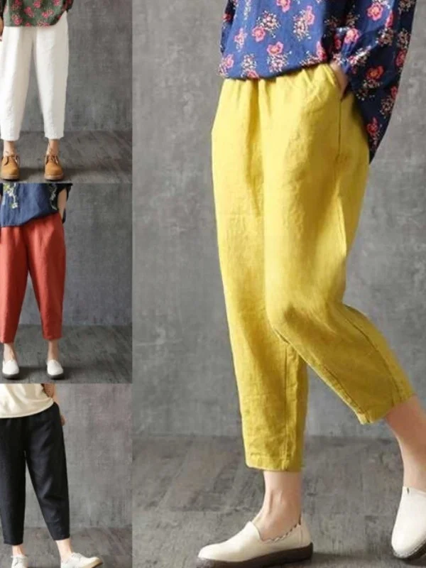 กางเกงลำลองผ้าฝ้ายลินินสำหรับผู้หญิง รุ่นใหม่ ปี 2025 ทรงหลวม ทรงตรง บางเบา ใส่สบายสำหรับฤดูร้อน กางเกงฮาเร็มเก้าส่วน เอวสูง ยางยืด