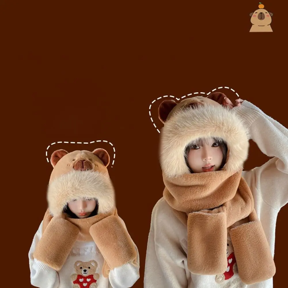 

Earmuff 3 in 1 Capybara Hat Scarf Set Panda Warm Furry Scarf Cap Set Fluffy Windproof Scarf Hat Glove for Women Lady