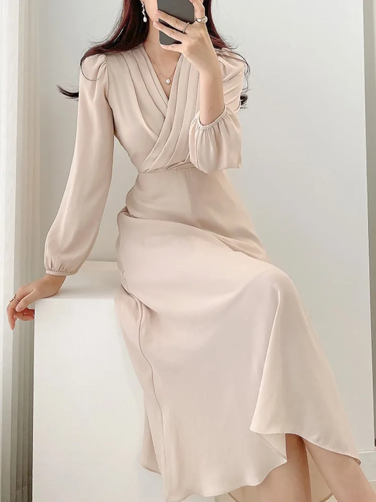 

Early Spring Vintage Design Sense Ele Pleated Midi Dr Korean Sle Women's Clothing Spring Autumn Winter Universal